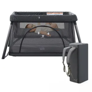 Travel Crib,Portable Crib for Baby, Pack and Play for Babies and Toddler, Lightweight Backpack Design,Foldable Travel Baby Playpen with Mattress(Dark Grey)