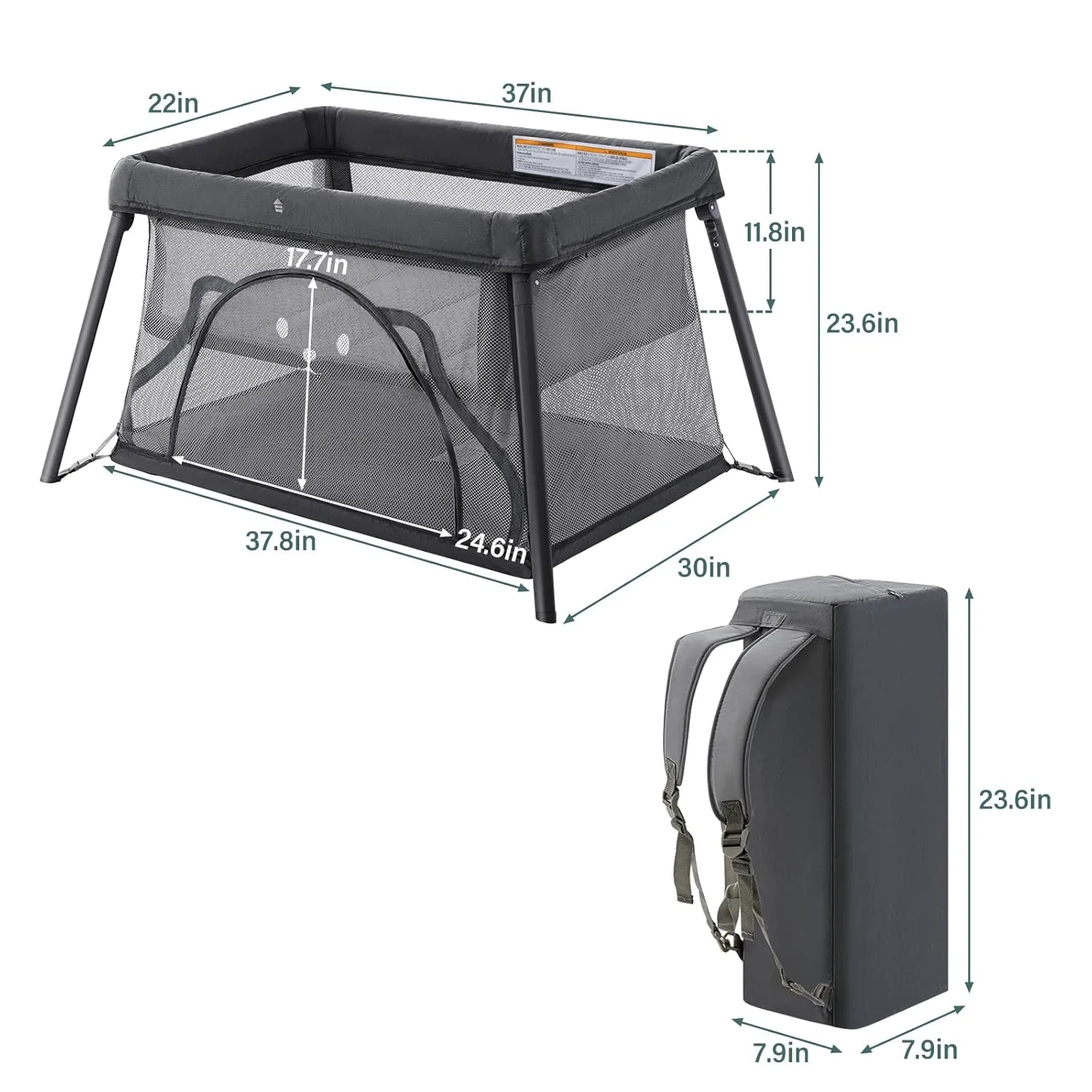 Travel Crib,Portable Crib for Baby, Pack and Play for Babies and Toddler, Lightweight Backpack Design,Foldable Travel Baby Playpen with Mattress(Dark Grey)