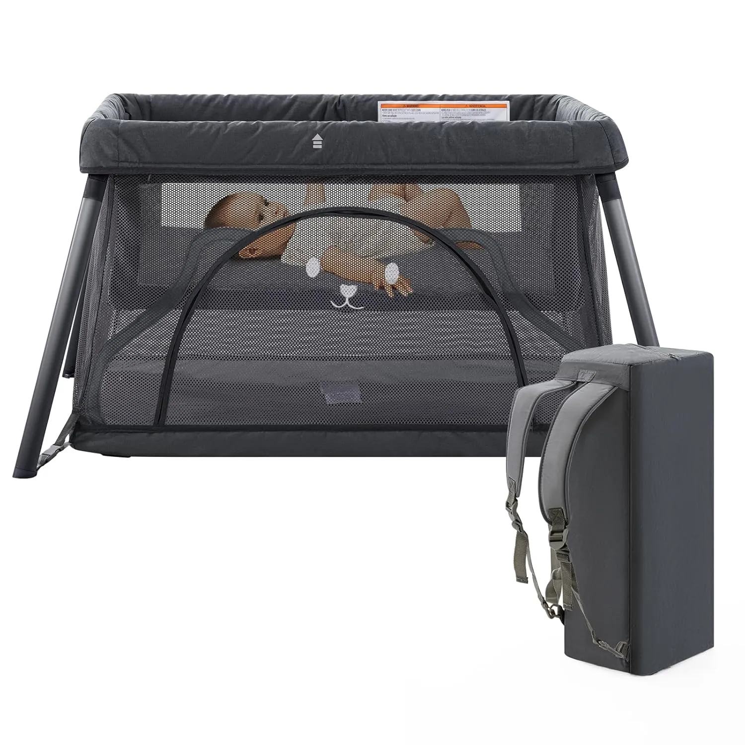 Travel Crib,Portable Crib for Baby, Pack and Play for Babies and Toddler, Lightweight Backpack Design,Foldable Travel Baby Playpen with Mattress(Dark Grey)