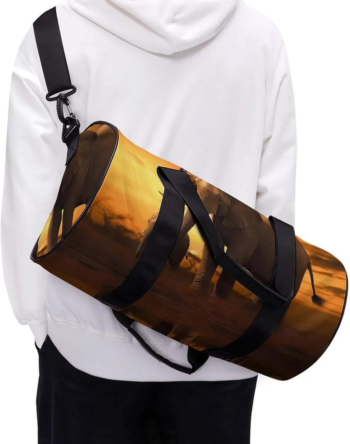 Travel Duffel Bag for Men And Women,Sunset Parent-Child Elephant Waterproof Sports Fitness Bag Portable Travel Duffel Bag, 17.7in/9in/9in