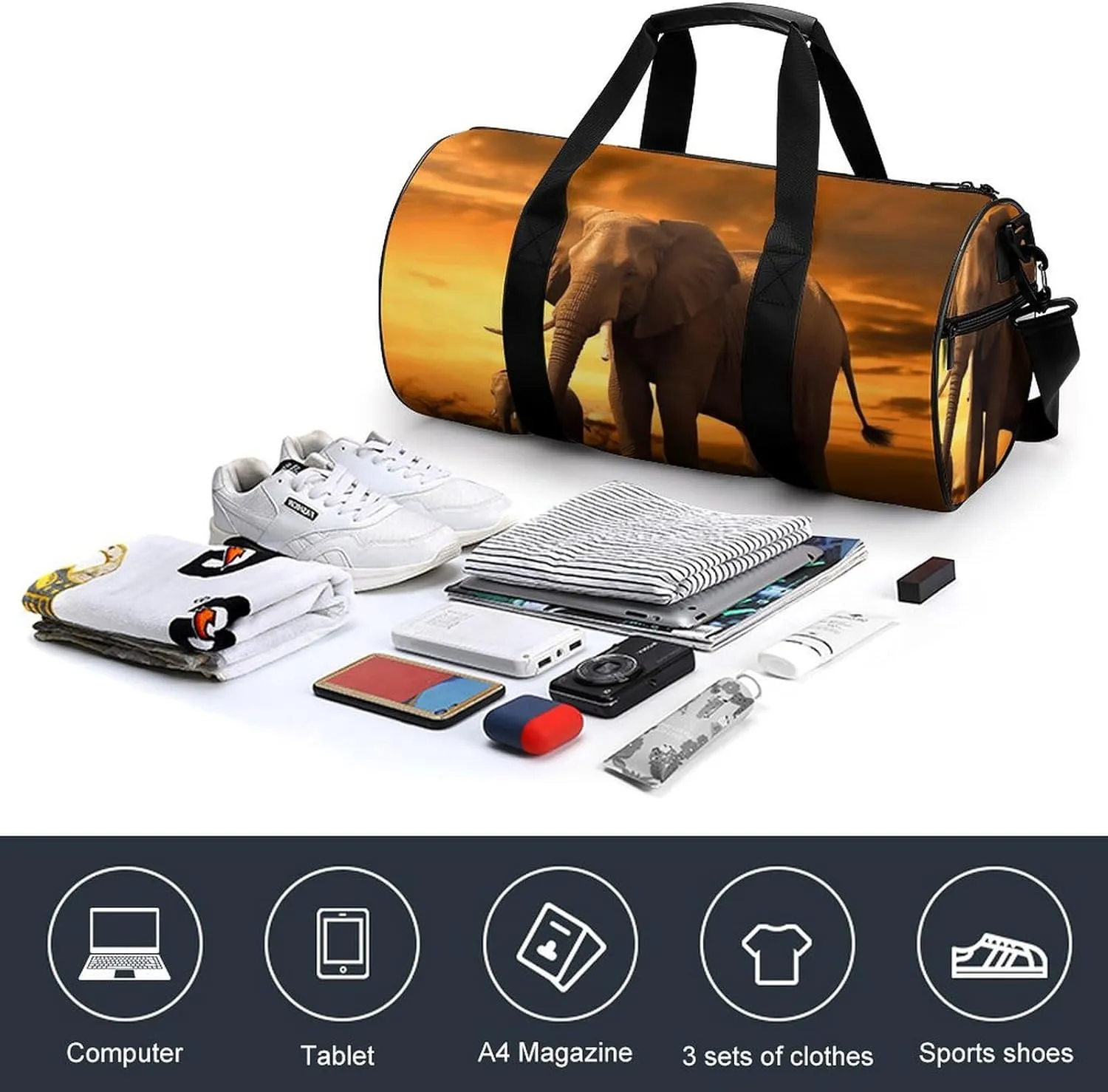 Travel Duffel Bag for Men And Women,Sunset Parent-Child Elephant Waterproof Sports Fitness Bag Portable Travel Duffel Bag, 17.7in/9in/9in
