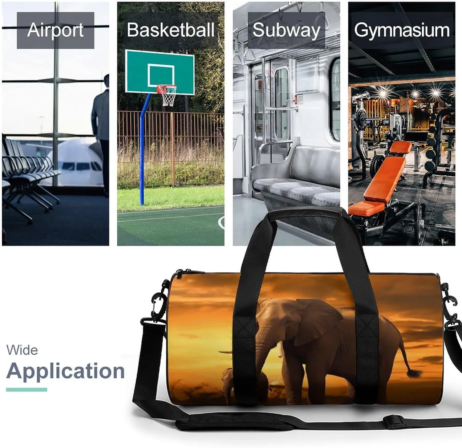 Travel Duffel Bag for Men And Women,Sunset Parent-Child Elephant Waterproof Sports Fitness Bag Portable Travel Duffel Bag, 17.7in/9in/9in
