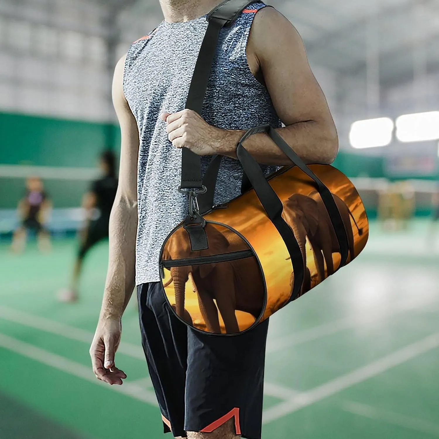 Travel Duffel Bag for Men And Women,Sunset Parent-Child Elephant Waterproof Sports Fitness Bag Portable Travel Duffel Bag, 17.7in/9in/9in