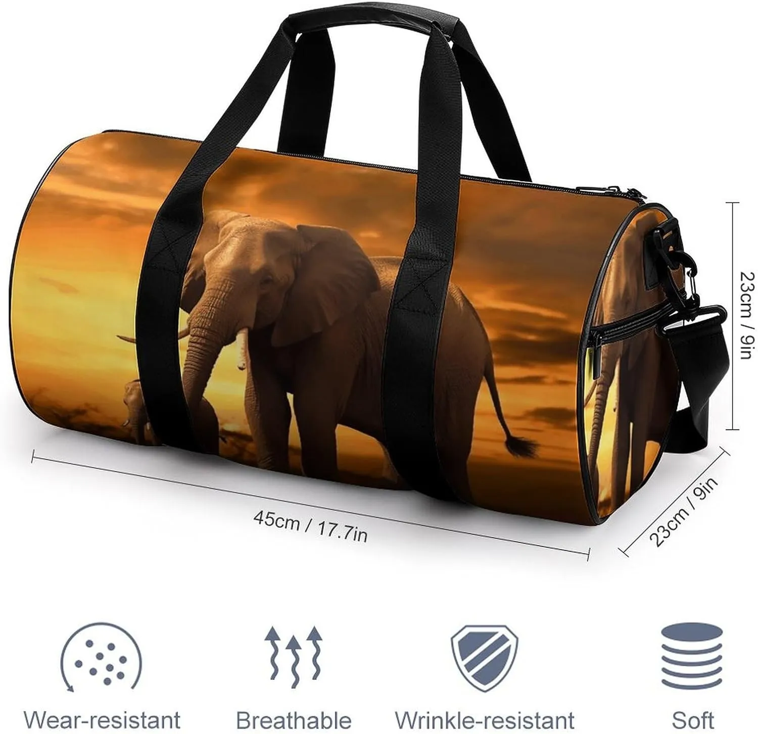 Travel Duffel Bag for Men And Women,Sunset Parent-Child Elephant Waterproof Sports Fitness Bag Portable Travel Duffel Bag, 17.7in/9in/9in