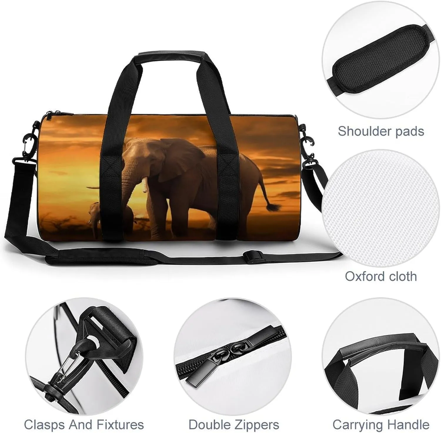 Travel Duffel Bag for Men And Women,Sunset Parent-Child Elephant Waterproof Sports Fitness Bag Portable Travel Duffel Bag, 17.7in/9in/9in