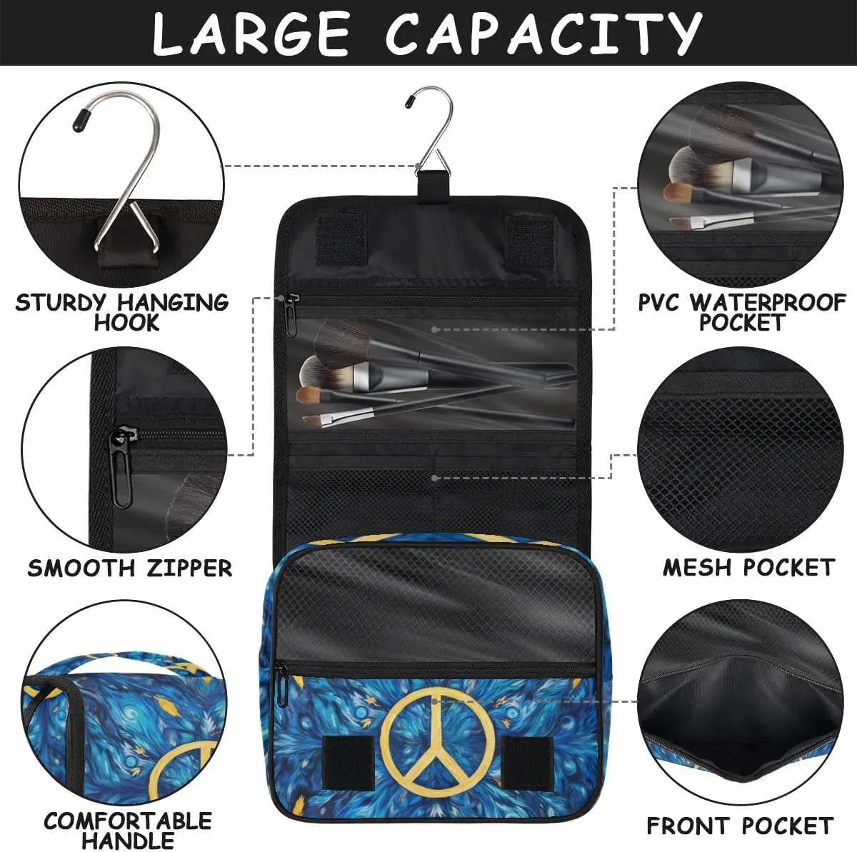 Travel Hanging Toiletry Bag for Women Men All Kinds Of Peace Oil Painting Cosmetic Bag Waterproof Makeup Organizer for Accessories, Shampoo, Full Sized Container, Toiletries for Bathroom Shower