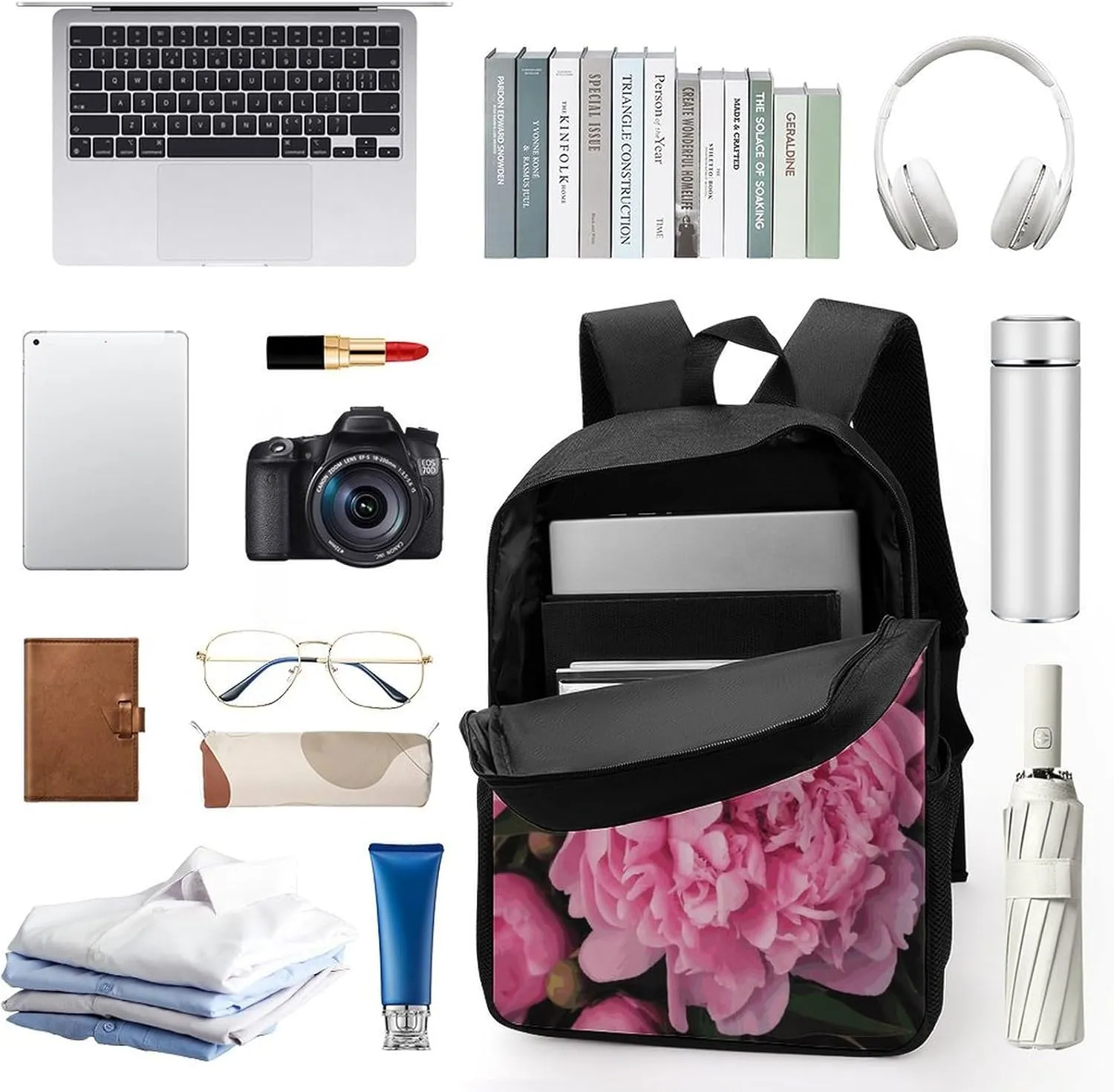 Travel Laptop Backpack Slim Durable Lightweight Back Pack Cute Pink Peony Small Backpack For Women Men