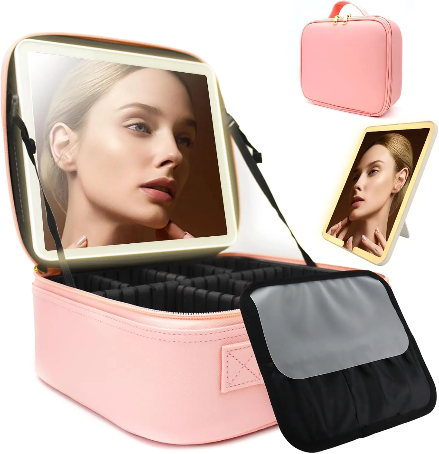 Travel Makeup Bag with LED Lighted Mirror, Travel Makeup Organizer,3 Color Setting Cosmetic Makeup Box, Adjustable Dividers and Brush Holder（pink）