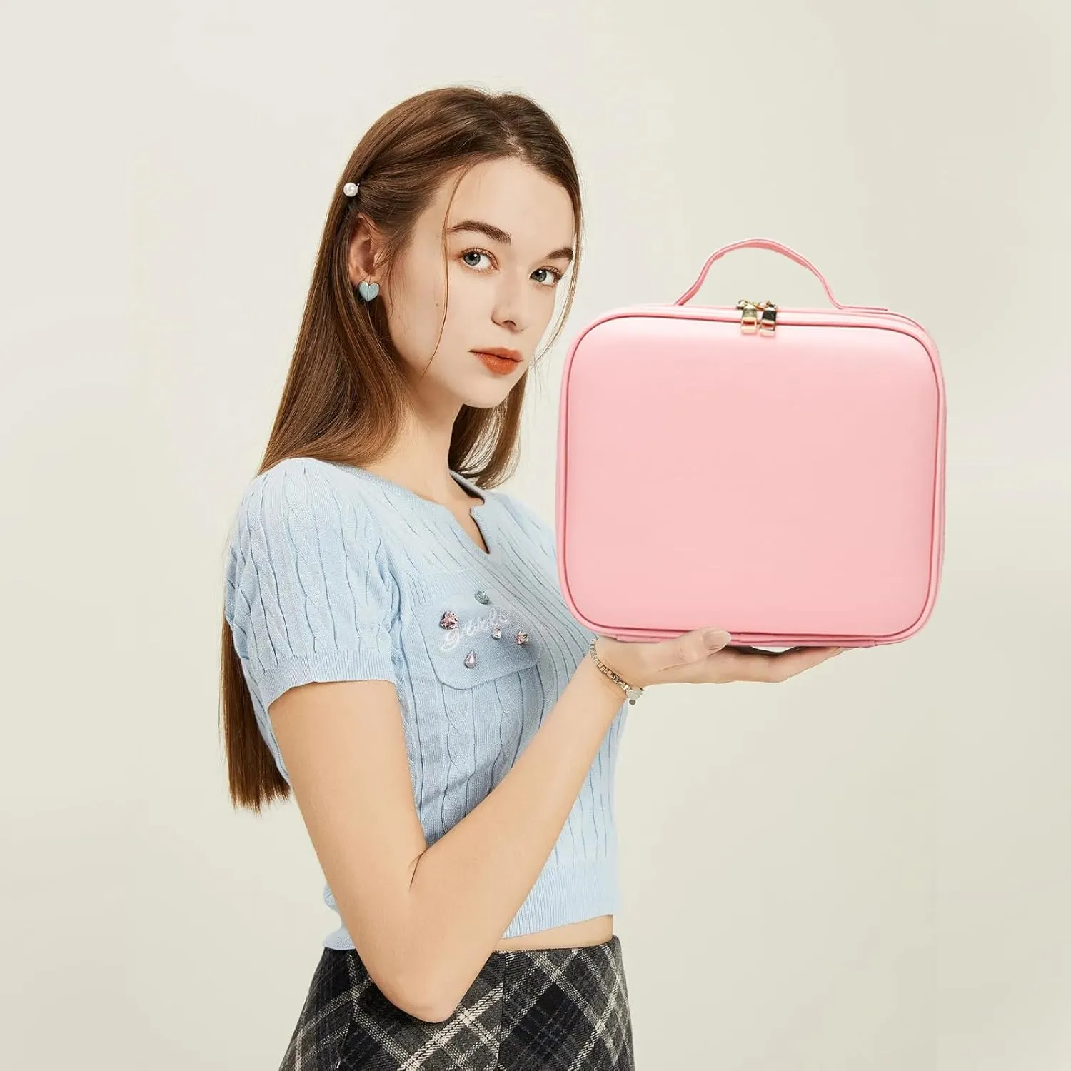 Travel Makeup Bag with LED Lighted Mirror, Travel Makeup Organizer,3 Color Setting Cosmetic Makeup Box, Adjustable Dividers and Brush Holder（pink）