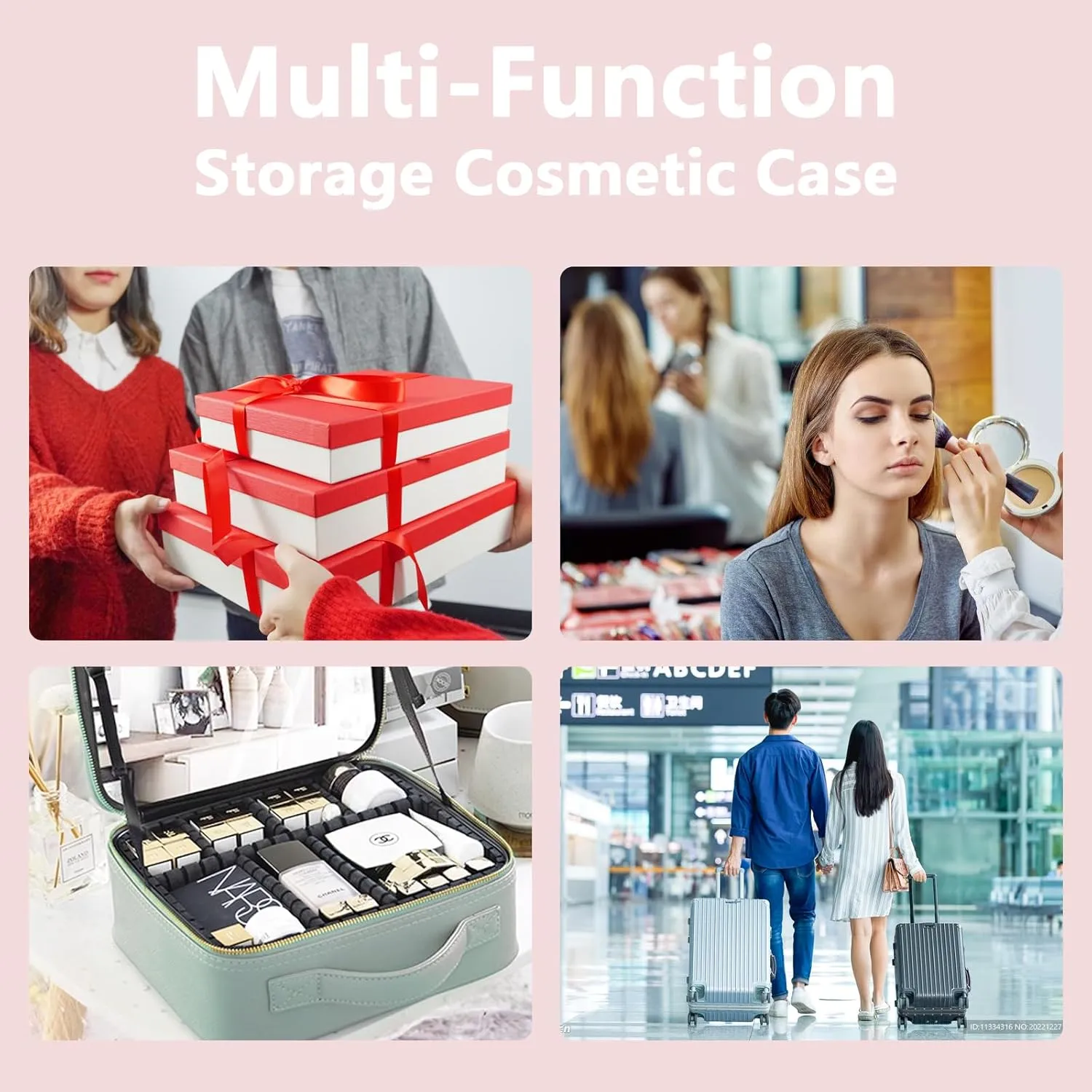 Travel Makeup Bag with LED Lighted Mirror, Travel Makeup Organizer,3 Color Setting Cosmetic Makeup Box, Adjustable Dividers and Brush Holder（pink）