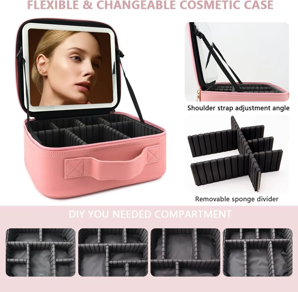 Travel Makeup Bag with LED Lighted Mirror, Travel Makeup Organizer,3 Color Setting Cosmetic Makeup Box, Adjustable Dividers and Brush Holder（pink）