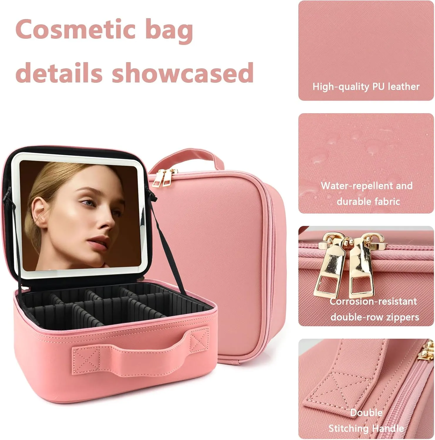 Travel Makeup Bag with LED Lighted Mirror, Travel Makeup Organizer,3 Color Setting Cosmetic Makeup Box, Adjustable Dividers and Brush Holder（pink）