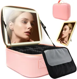 Travel Makeup Bag with LED Lighted Mirror, Travel Makeup Organizer,3 Color Setting Cosmetic Makeup Box, Adjustable Dividers and Brush Holder（pink）