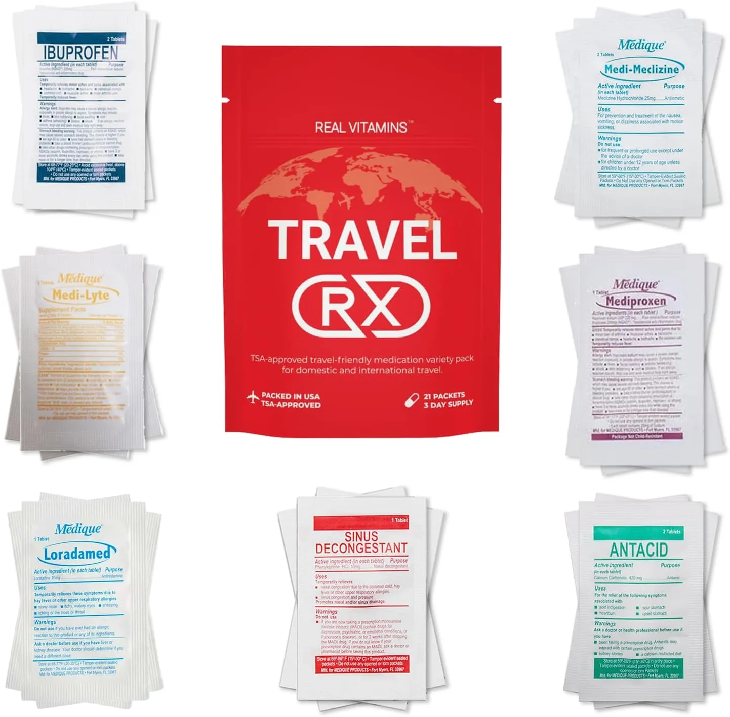 Travel RX - 105 PCS TSA-Approved Travel Medicine Variety Pack with Resealable Bag | Travel Essential OTC Medicine Pack by Real Vitamins (5 Kits)