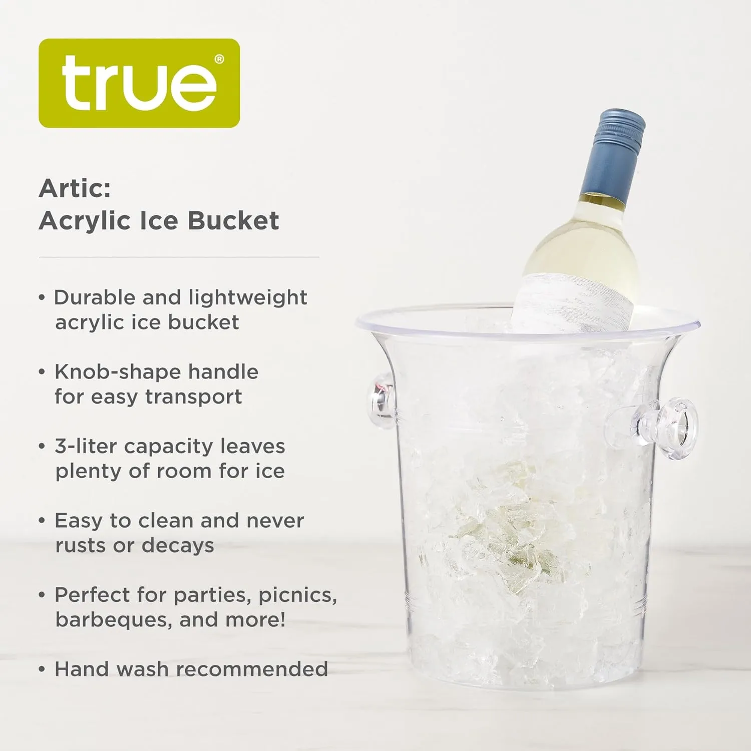 True Clear Acrylic Ice Bucket with Handles, 3-Liter Capacity, Durable Wine and Champagne Bucket, Perfect Ice Buckets for Parties, BBQs, Weddings, Picnics, Holidays, Outdoors, 8.75" x 8.25", Set of 1