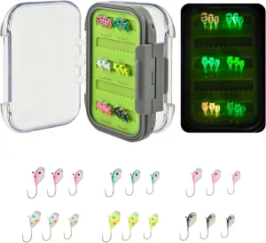 Tungsten Jigs, 18/27Pcs Tungsten Ice Fishing Jigs Kit for Panfish 3.2/4/5mm Glow in Dark Teardrop Ice Fishing Lure Jigs with Two-Sided Jig Box Assortment