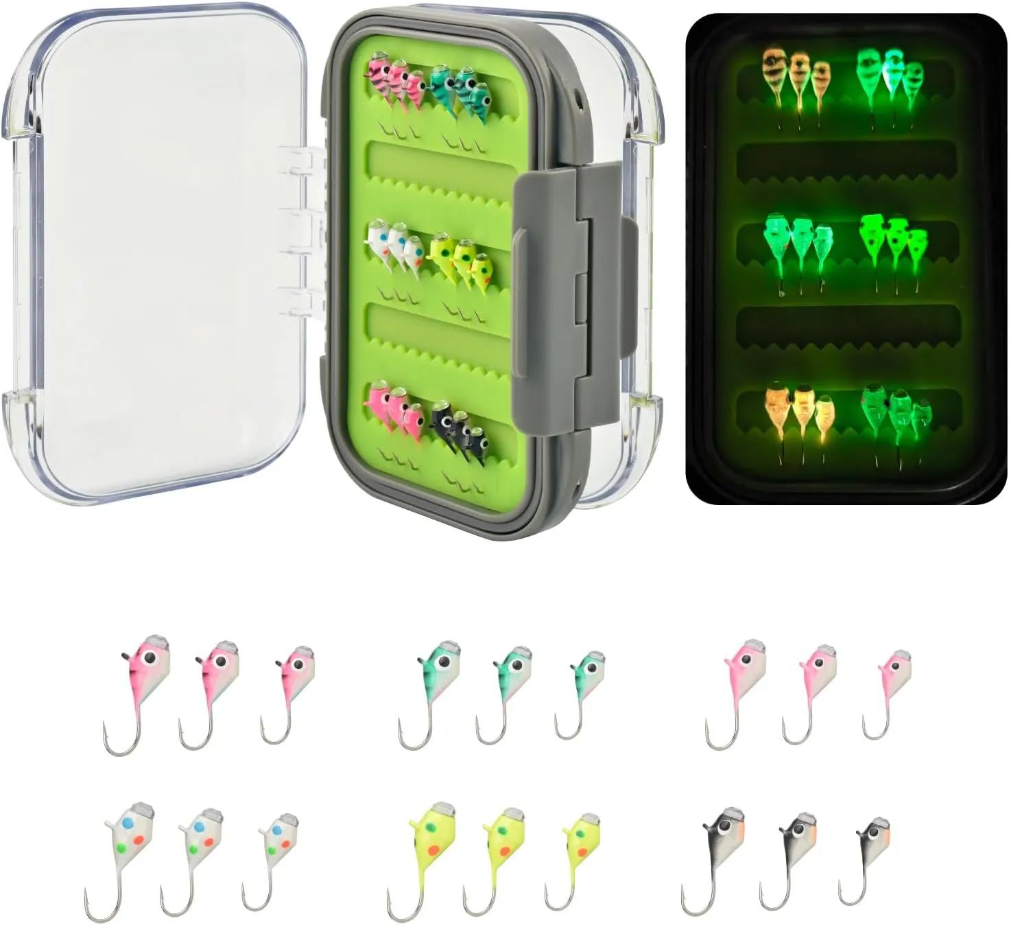 Tungsten Jigs, 18/27Pcs Tungsten Ice Fishing Jigs Kit for Panfish 3.2/4/5mm Glow in Dark Teardrop Ice Fishing Lure Jigs with Two-Sided Jig Box Assortment
