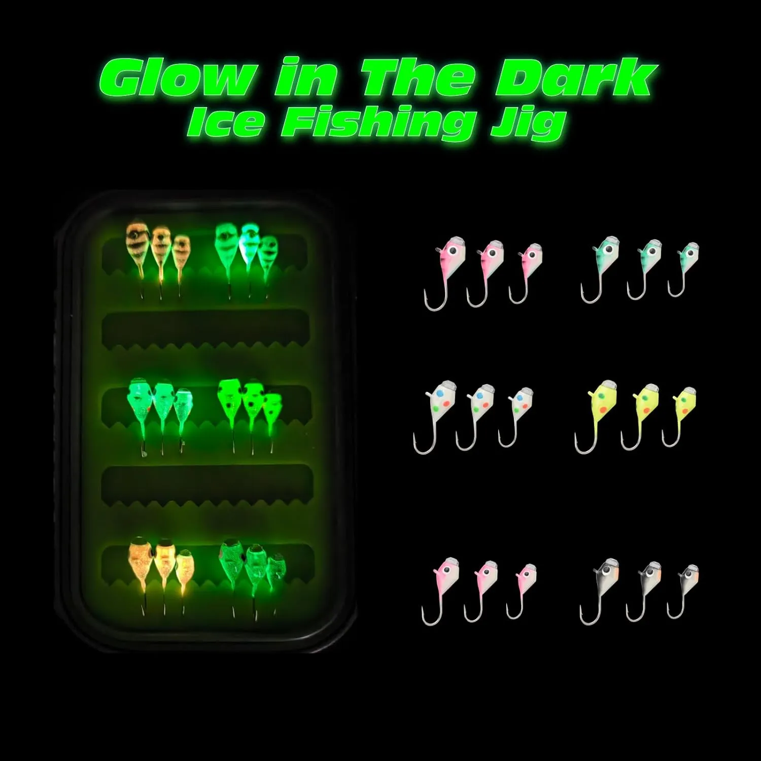 Tungsten Jigs, 18/27Pcs Tungsten Ice Fishing Jigs Kit for Panfish 3.2/4/5mm Glow in Dark Teardrop Ice Fishing Lure Jigs with Two-Sided Jig Box Assortment