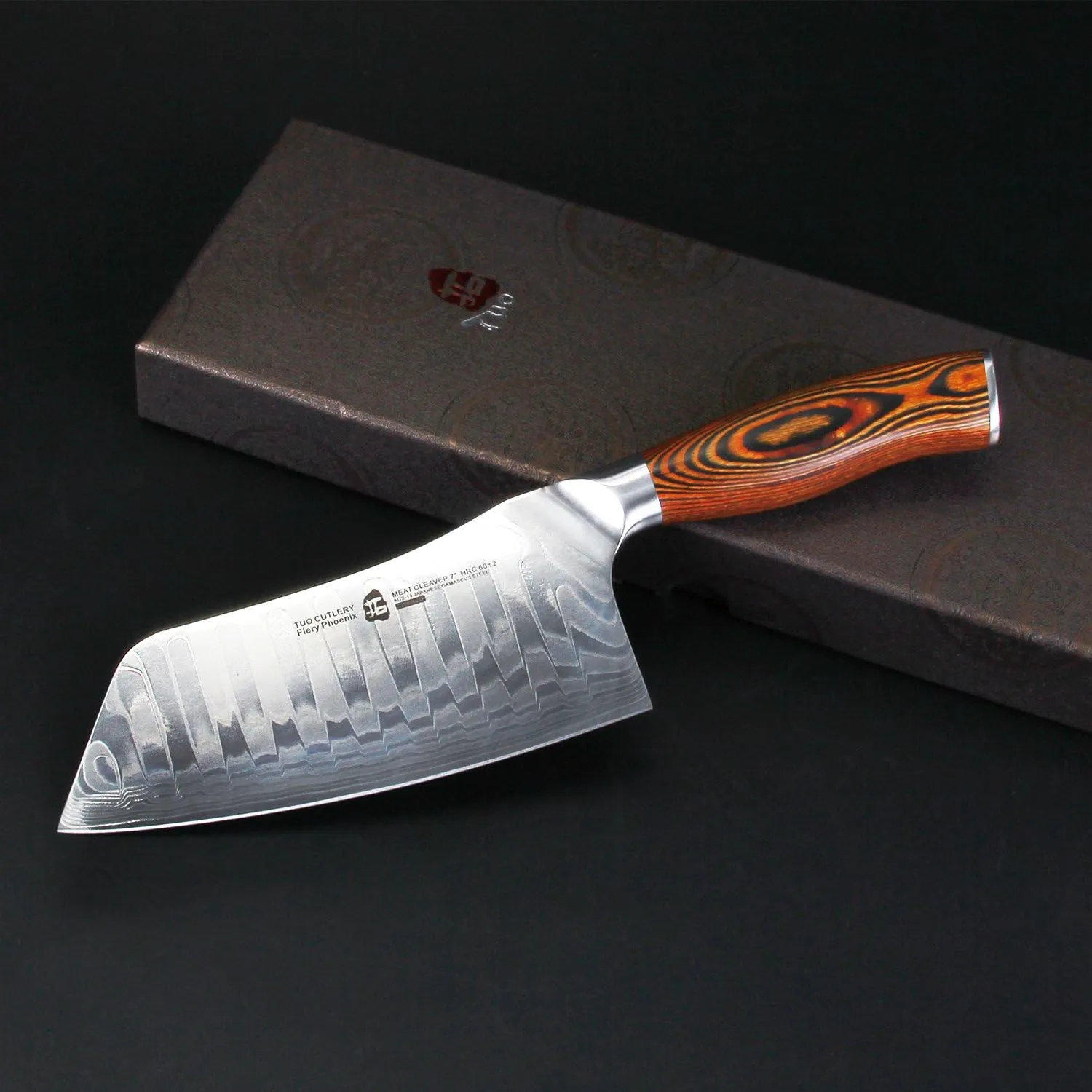 TUO Cutlery Cleaver Knife - Japanese AUS-10 Damascus Steel - Chinese Chef's Knife for Meat and Vegetable with Ergonomic Pakkawood Handle - 7" - Fiery Phoenix Series