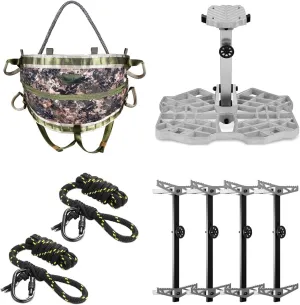 UIIHUNT Full Mobile Tree Saddle Hunting System Kit - Includes 16"x12" Aluminum Saddle Hunting Platform, Gen1 Hunting Saddle, 4-Pack Climbing Sticks, Bridge, Tether, and 2-Pack Lineman's Rope