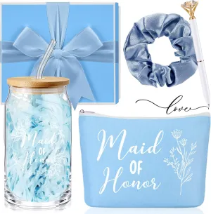Umigy Maid of Honor Proposal Gifts Set of 5 with Maid of Honor Glass Cup Makeup Bag Scrunchies Hair Tie Diamond Ballpoint, Proposal Gift Box with Raffia for Wedding Party Favors(Blue)