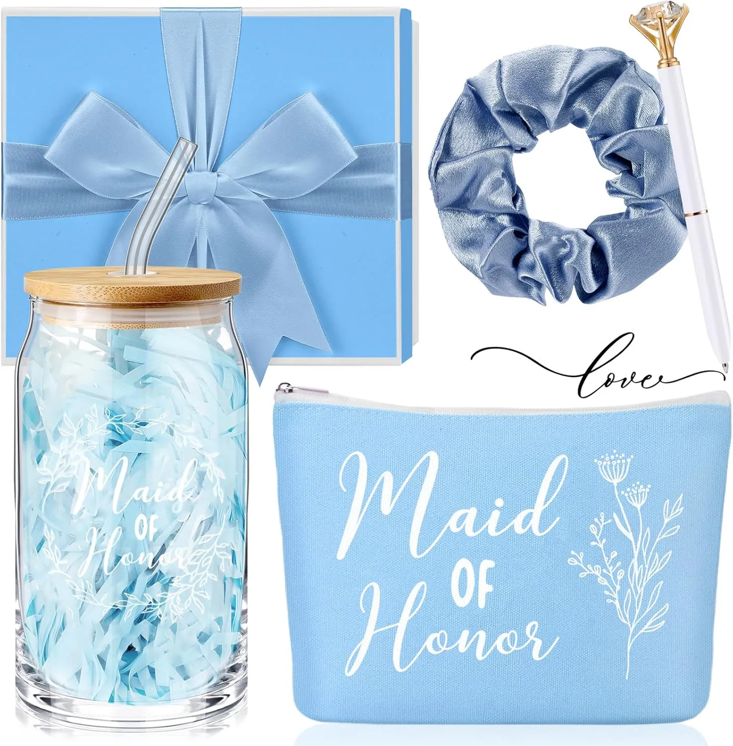 Umigy Maid of Honor Proposal Gifts Set of 5 with Maid of Honor Glass Cup Makeup Bag Scrunchies Hair Tie Diamond Ballpoint, Proposal Gift Box with Raffia for Wedding Party Favors(Blue)