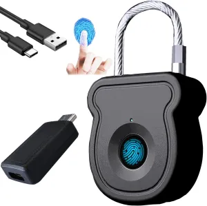 Upgrade Fingerprint Padlock for Gym Locker, Biometric Lock 20 User w/USB Key for Luggage Backpack Guncase Toolbox Suitcase Handbag, Keyless Cable Latch for Travel Renter School Office Dorm