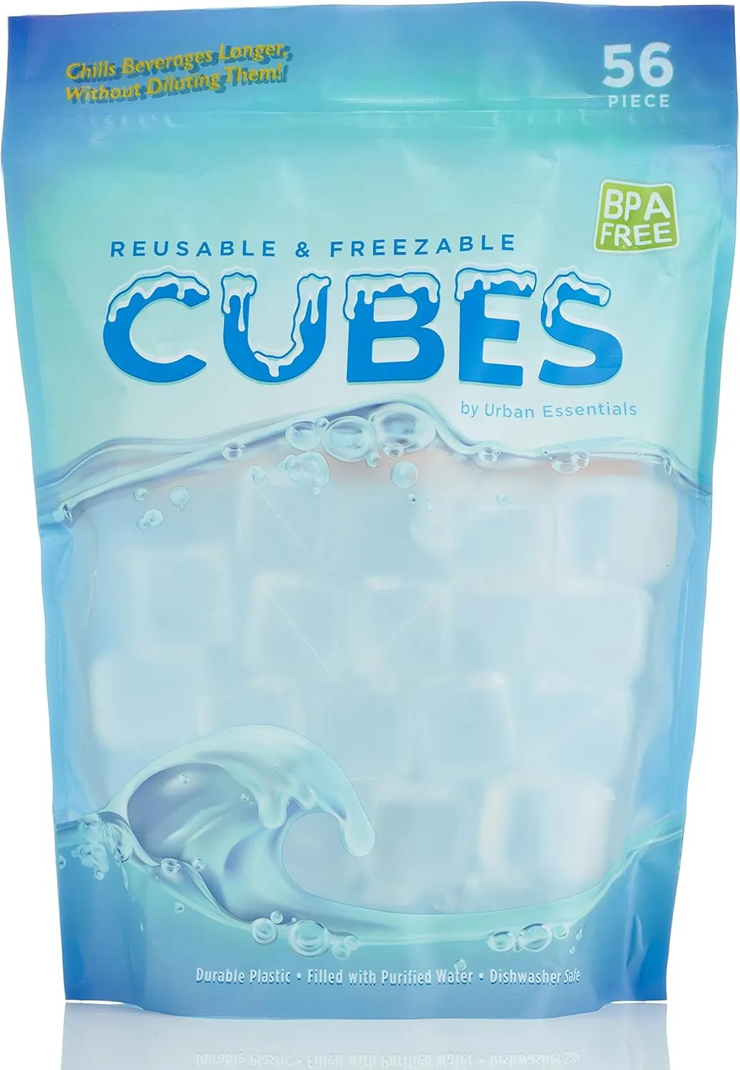 Urban Essentials Reusable Ice Cubes - Quick Freeze Clear Plastic Square Ice cubes With Resealable Bag Clear Cubes Pack Of 56