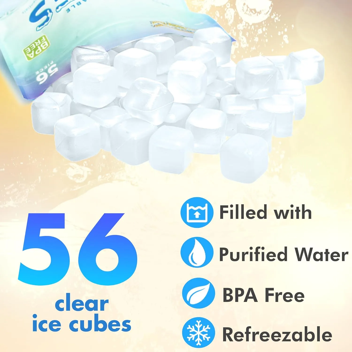 Urban Essentials Reusable Ice Cubes - Quick Freeze Clear Plastic Square Ice cubes With Resealable Bag Clear Cubes Pack Of 56