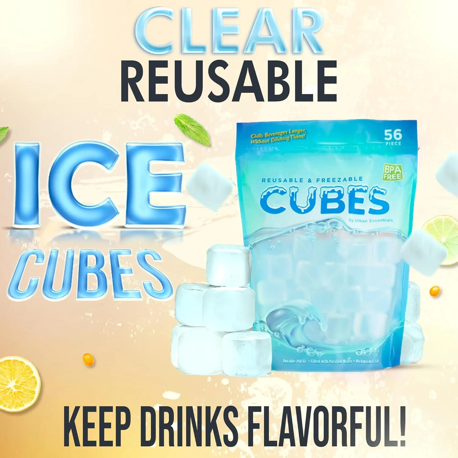 Urban Essentials Reusable Ice Cubes - Quick Freeze Clear Plastic Square Ice cubes With Resealable Bag Clear Cubes Pack Of 56