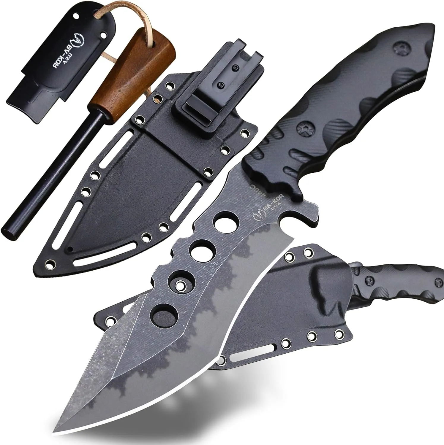 USA 6mm thick 440C steel (10.8in) (full Tang) fixed knife   sheath & (5.9in) cerium igniter, suitable for outdoor camping, survival, adventure, fishing, EDC, hunting knife