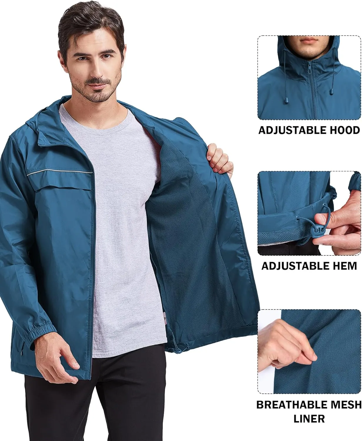 V VALANCH Mens Rain Jacket Waterproof Lightweight Windbreaker with Hood Outdoor Raincoat for Hiking Running Travel
