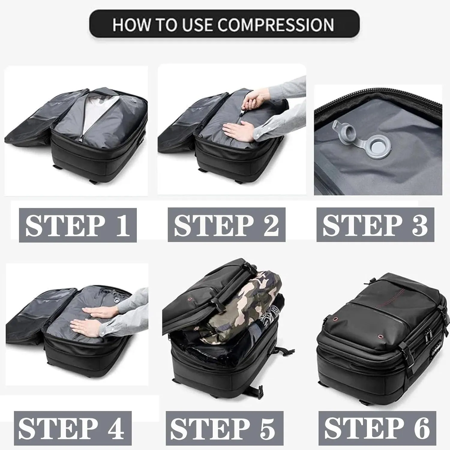 Vacbag Backpack, 60L Expandable Backpack with Vacuum Compression, Waterproof Vacuum Backpack for Travel, Water Resistant (Black)