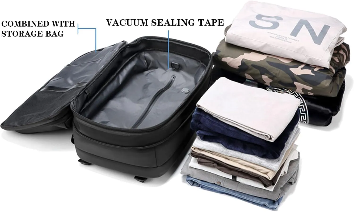 Vacbag Backpack, 60L Expandable Backpack with Vacuum Compression, Waterproof Vacuum Backpack for Travel, Water Resistant (Black)
