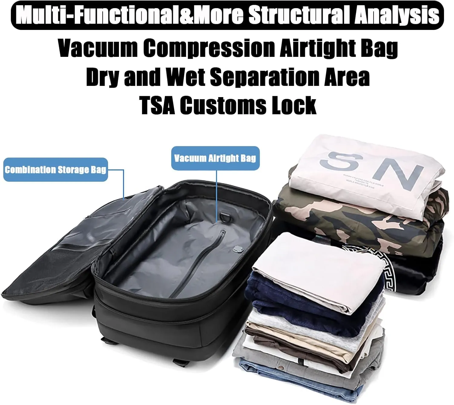 Vacpack Backpack, Airback Backpack with Pump, 60L Expandable Backpack with Vacuum Compression, Waterproof and Anti-Theft Air Vacuum Backpack for Travel (Gray, No Air Pump)