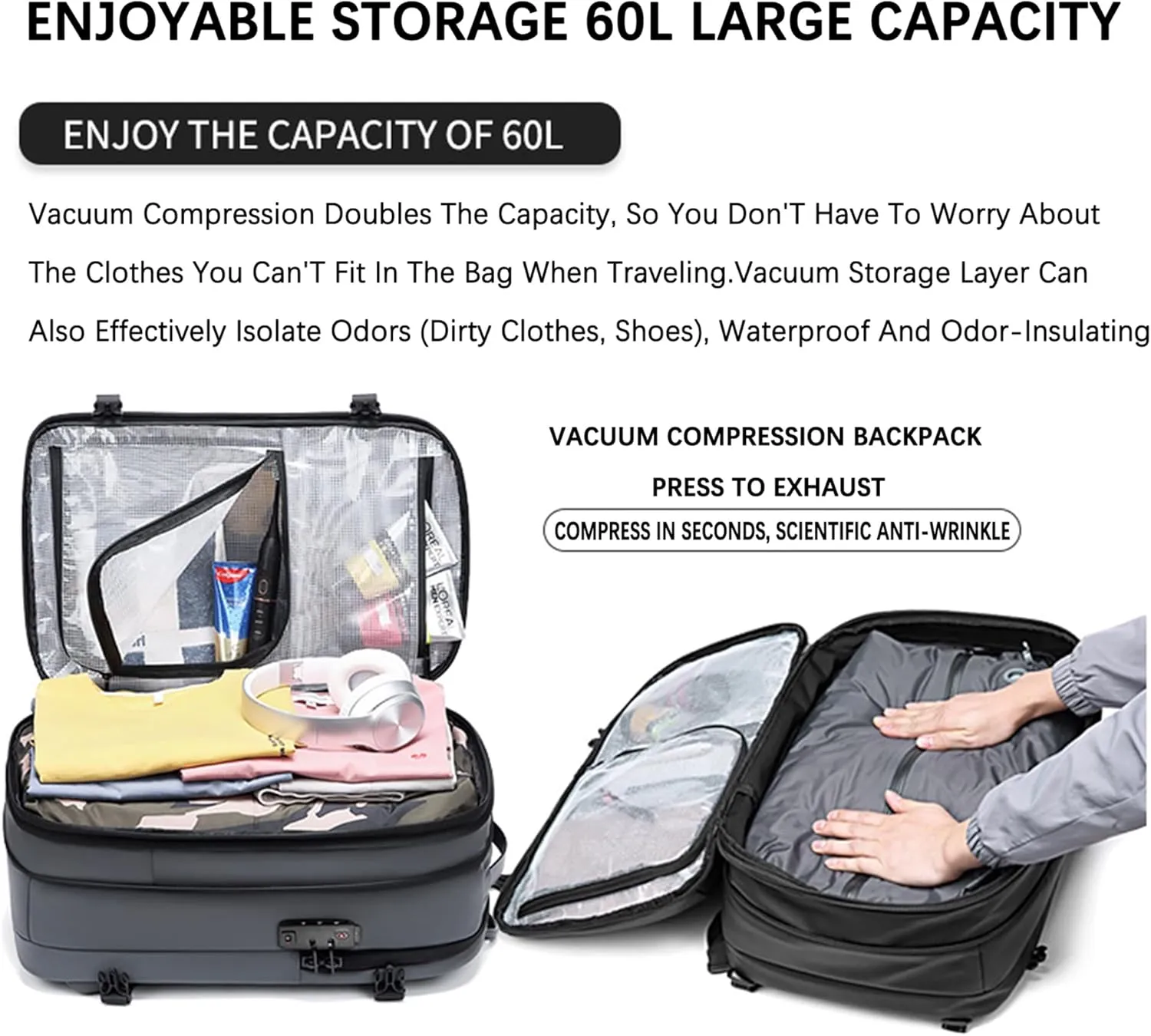 VacPack Backpack with Vacuum, 60L Airback Backpack, Waterproof with TSA Lock, Compression Feature, Fits 17” Laptop, Ideal for Airplane Travel (Dark Gray)