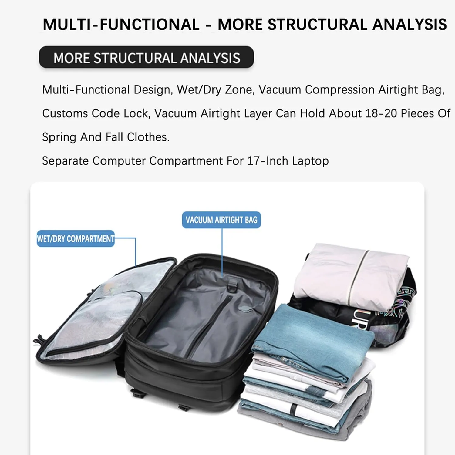 VacPack Backpack with Vacuum, 60L Airback Backpack, Waterproof with TSA Lock, Compression Feature, Fits 17” Laptop, Ideal for Airplane Travel (Dark Gray)