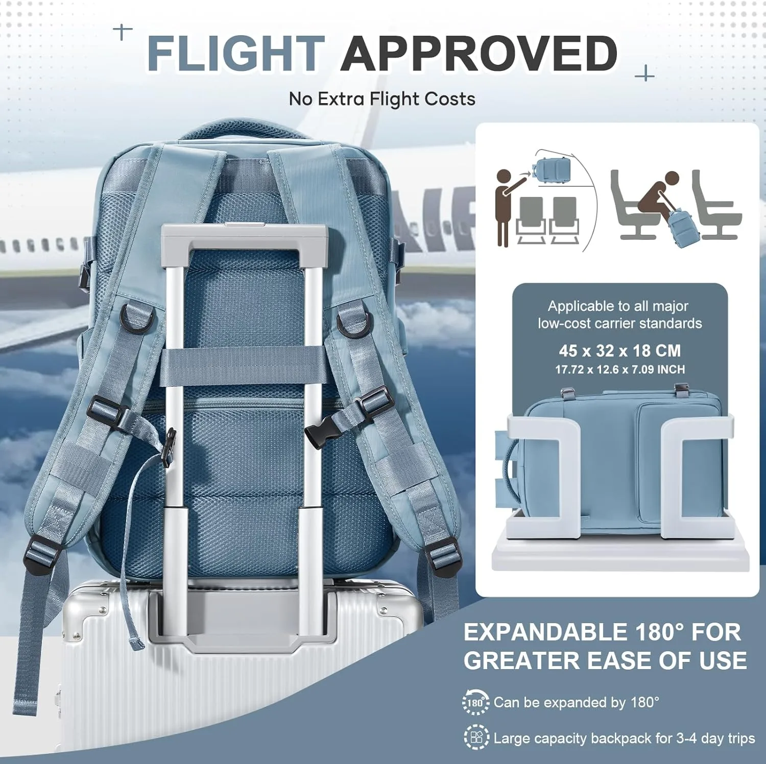 Vacuum Backpack Travel Backpack with Compression, Men Women Vacuum Backpack with Air Pump, Carry on Backpack Flight Approved Personal Item Size - Blue