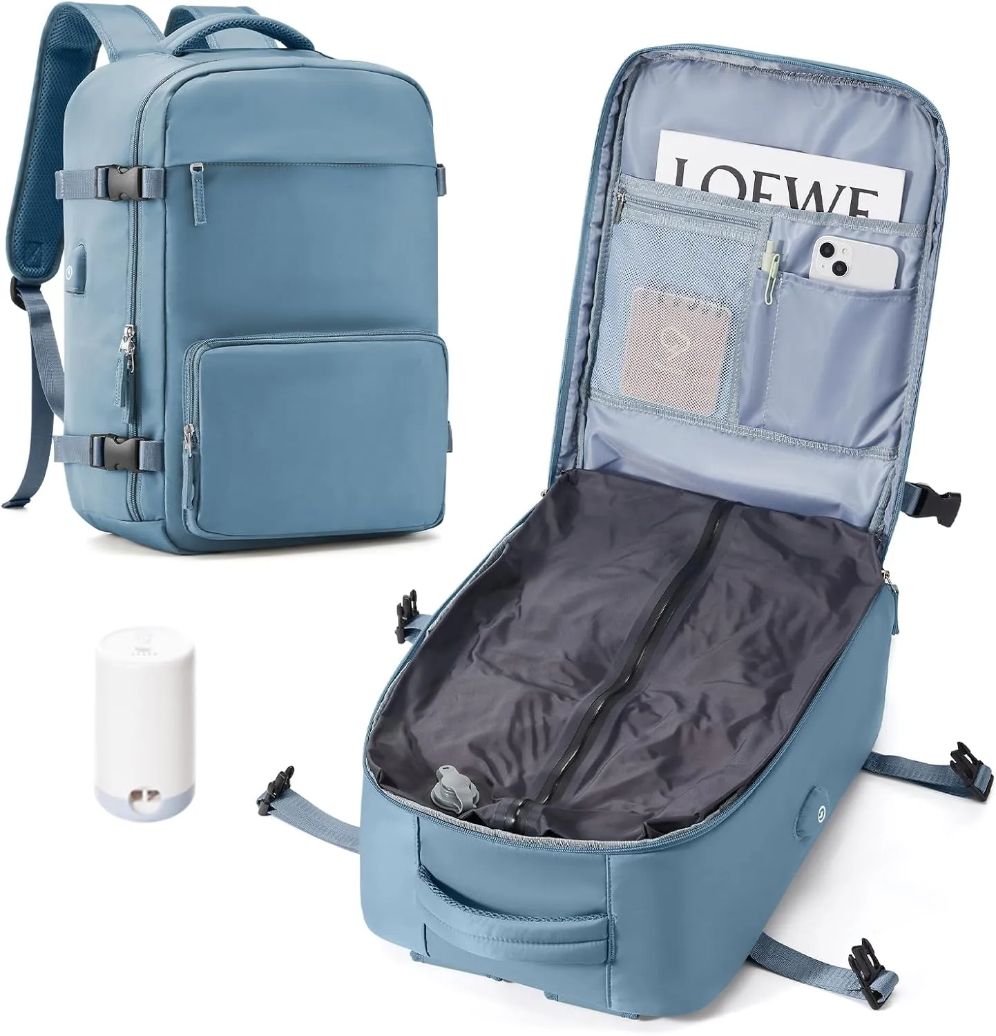 Vacuum Backpack Travel Backpack with Compression, Men Women Vacuum Backpack with Air Pump, Carry on Backpack Flight Approved Personal Item Size - Blue