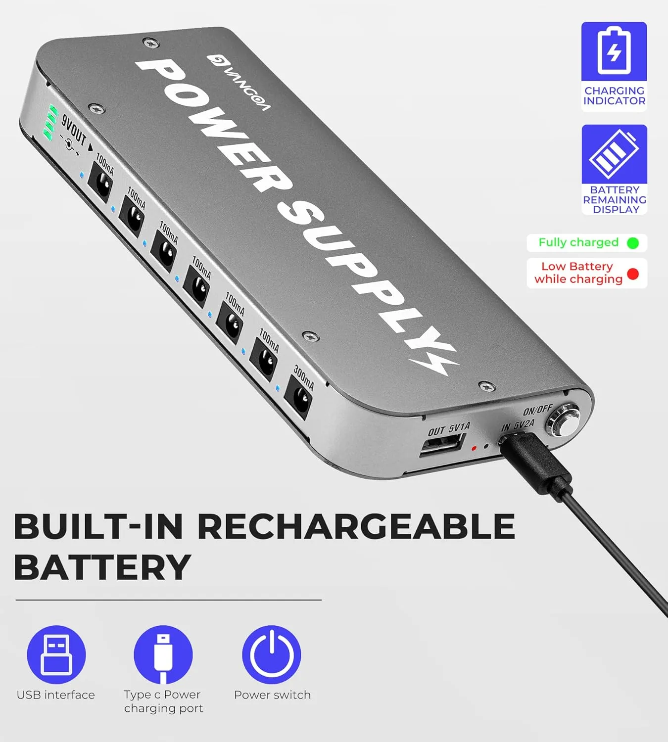 Vangoa Built-in 4600mAh Rechargeable Guitar Pedal Power Supply with Battery Indicator 7 Outputs DC 9V, 300mA, 100mA, 5V/1A USB Port, Pedal Board Power Supply with Short-Circuit Protection, PS-01