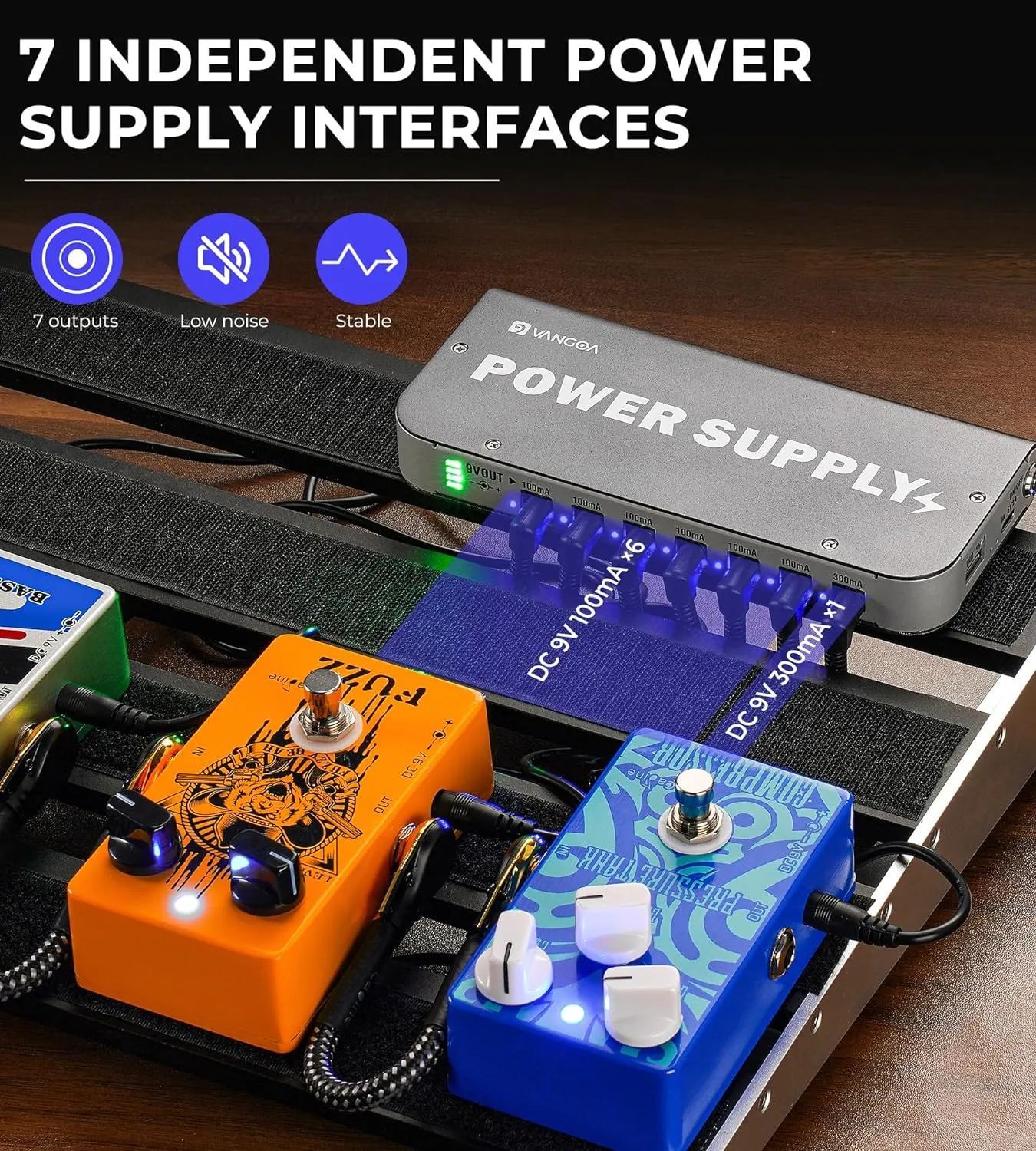 Vangoa Built-in 4600mAh Rechargeable Guitar Pedal Power Supply with Battery Indicator 7 Outputs DC 9V, 300mA, 100mA, 5V/1A USB Port, Pedal Board Power Supply with Short-Circuit Protection, PS-01
