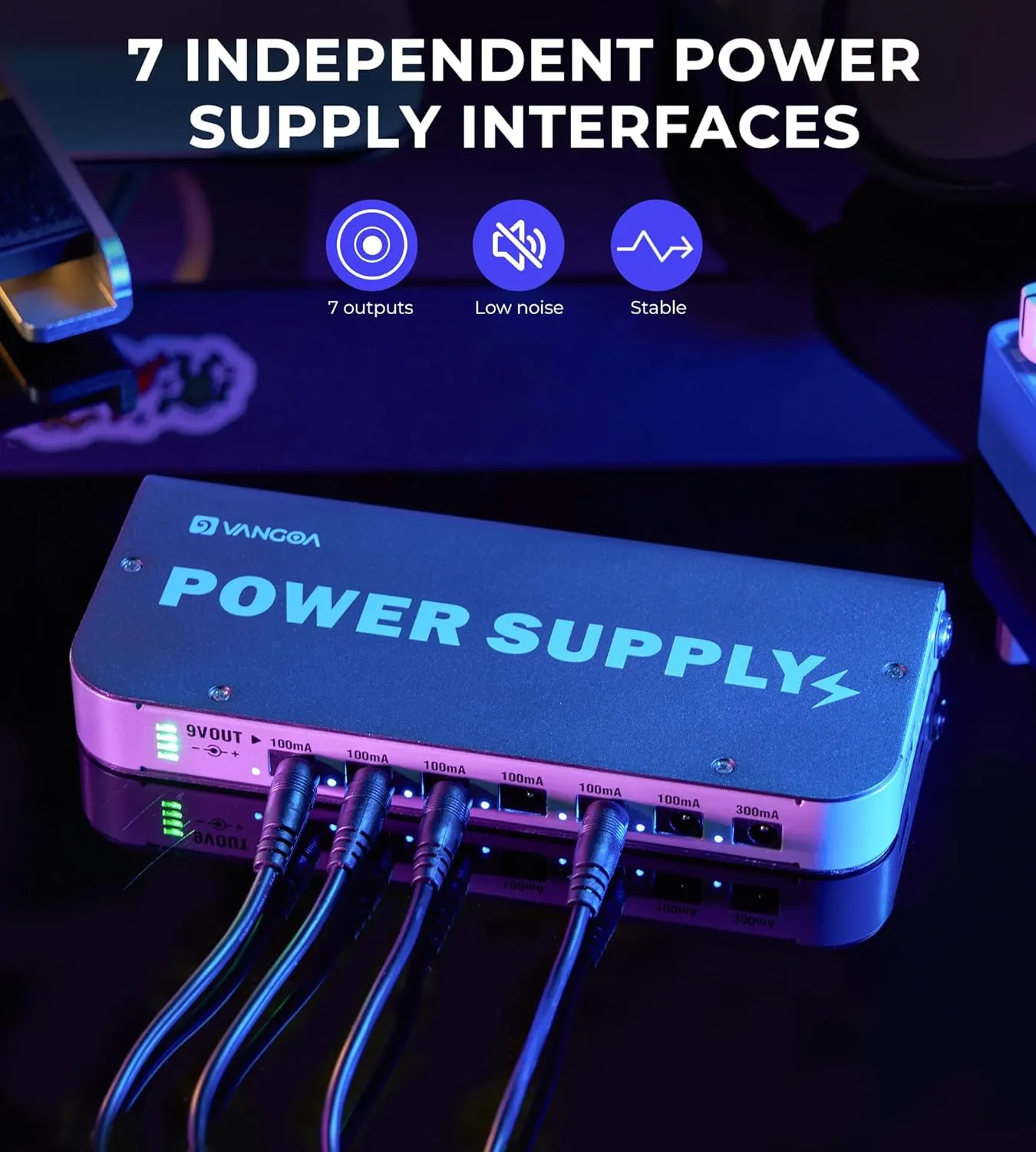 Vangoa Built-in 4600mAh Rechargeable Guitar Pedal Power Supply with Battery Indicator 7 Outputs DC 9V, 300mA, 100mA, 5V/1A USB Port, Pedal Board Power Supply with Short-Circuit Protection, PS-01