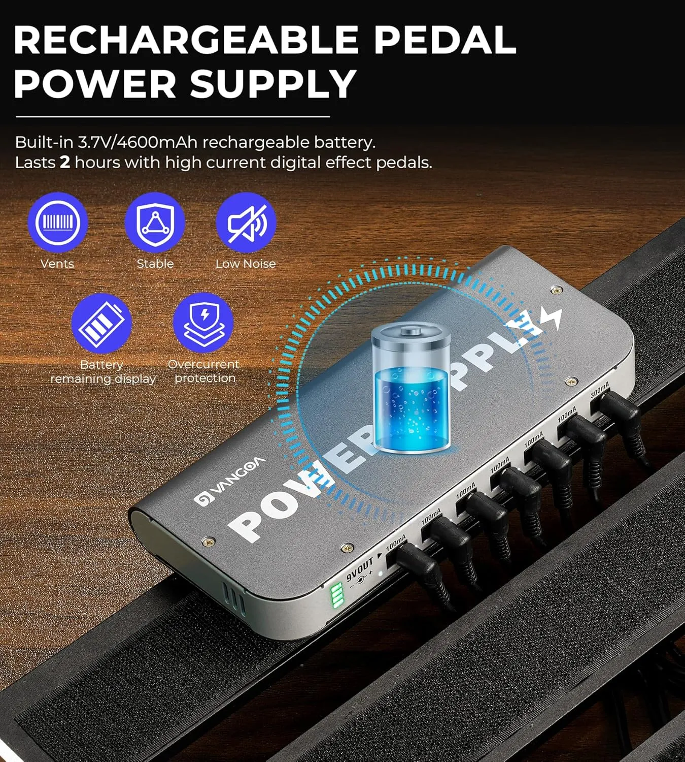 Vangoa Built-in 4600mAh Rechargeable Guitar Pedal Power Supply with Battery Indicator 7 Outputs DC 9V, 300mA, 100mA, 5V/1A USB Port, Pedal Board Power Supply with Short-Circuit Protection, PS-01