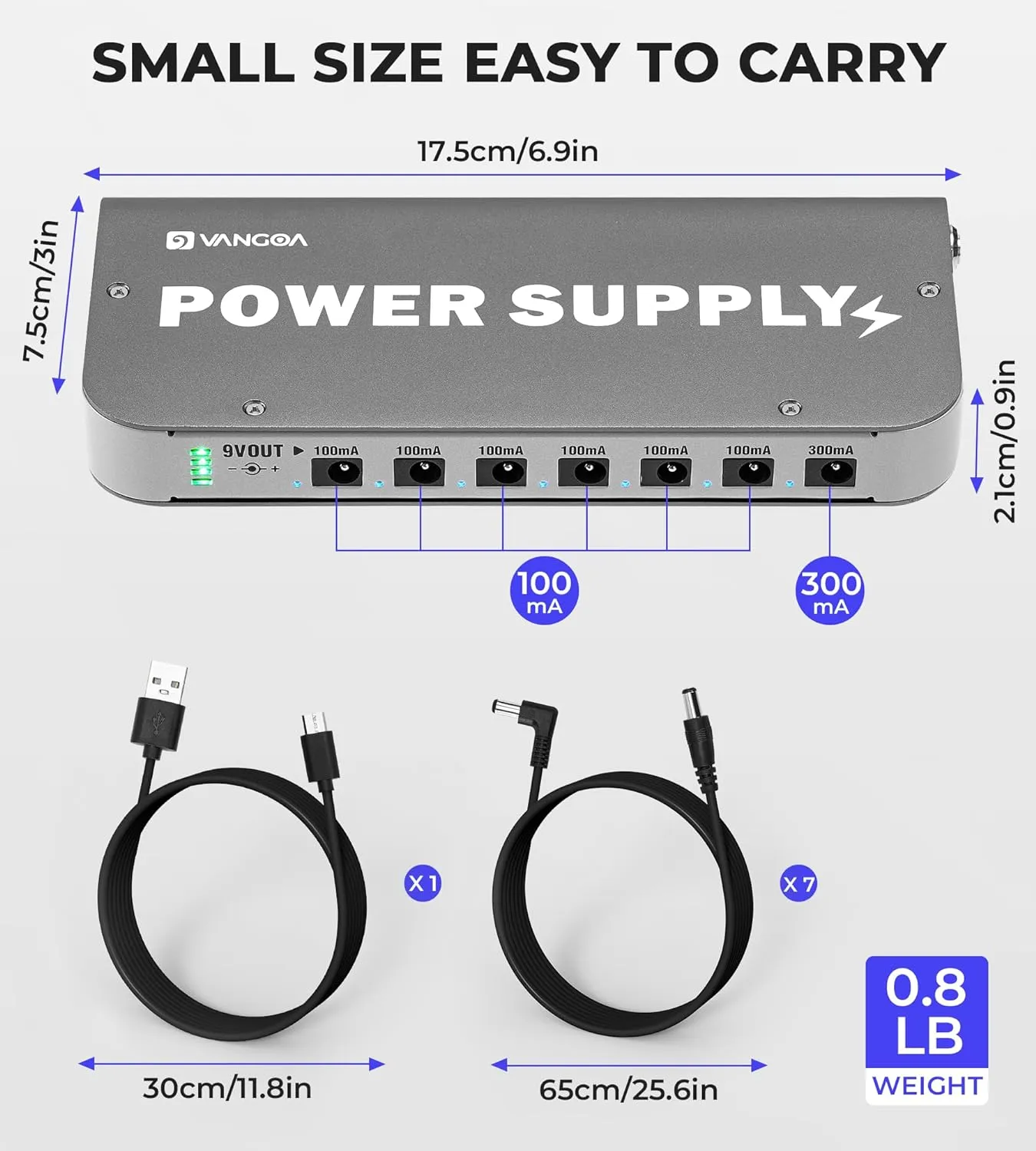 Vangoa Built-in 4600mAh Rechargeable Guitar Pedal Power Supply with Battery Indicator 7 Outputs DC 9V, 300mA, 100mA, 5V/1A USB Port, Pedal Board Power Supply with Short-Circuit Protection, PS-01
