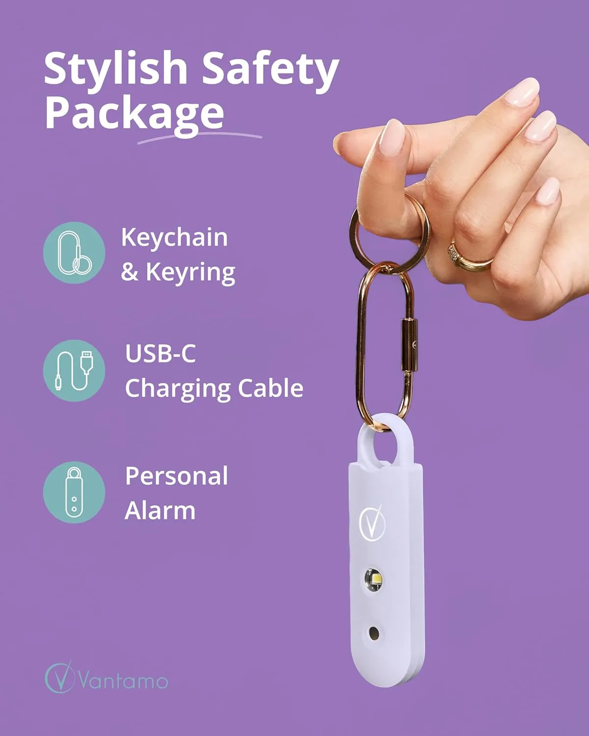 Vantamo Personal Alarm for Self Defense with Low Battery Notice, Strobe Light & Extra Loud 130 dB Double Speakers Safety Keychain Set for Women, Rechargeable Panic Button for Womens Self Defense
