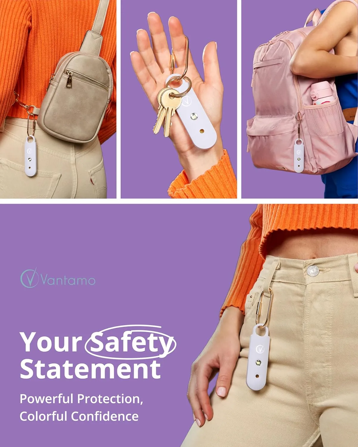 Vantamo Personal Alarm for Self Defense with Low Battery Notice, Strobe Light & Extra Loud 130 dB Double Speakers Safety Keychain Set for Women, Rechargeable Panic Button for Womens Self Defense