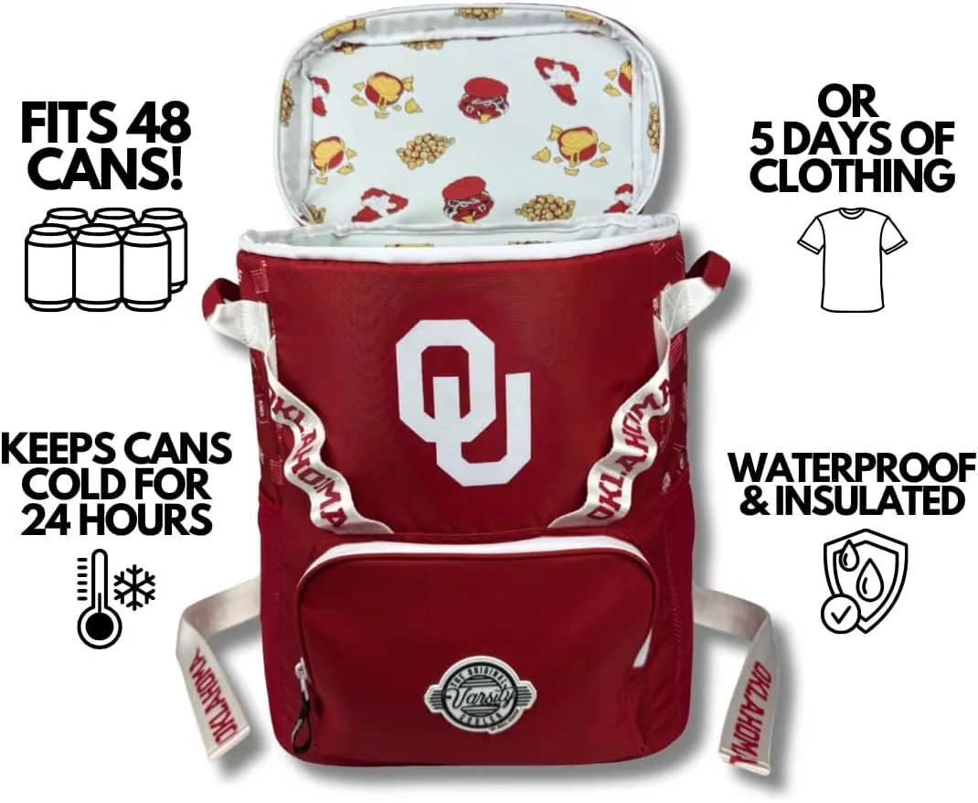 Varsity Cooler University of Oklahoma Travel Duffle & Backpack–48 Can Leakproof Insulated Tote Cooler, Waterproof Nylon Bag for Outing, Gym, Work & Travel – Adjustable Straps, Durable Zipper Closure