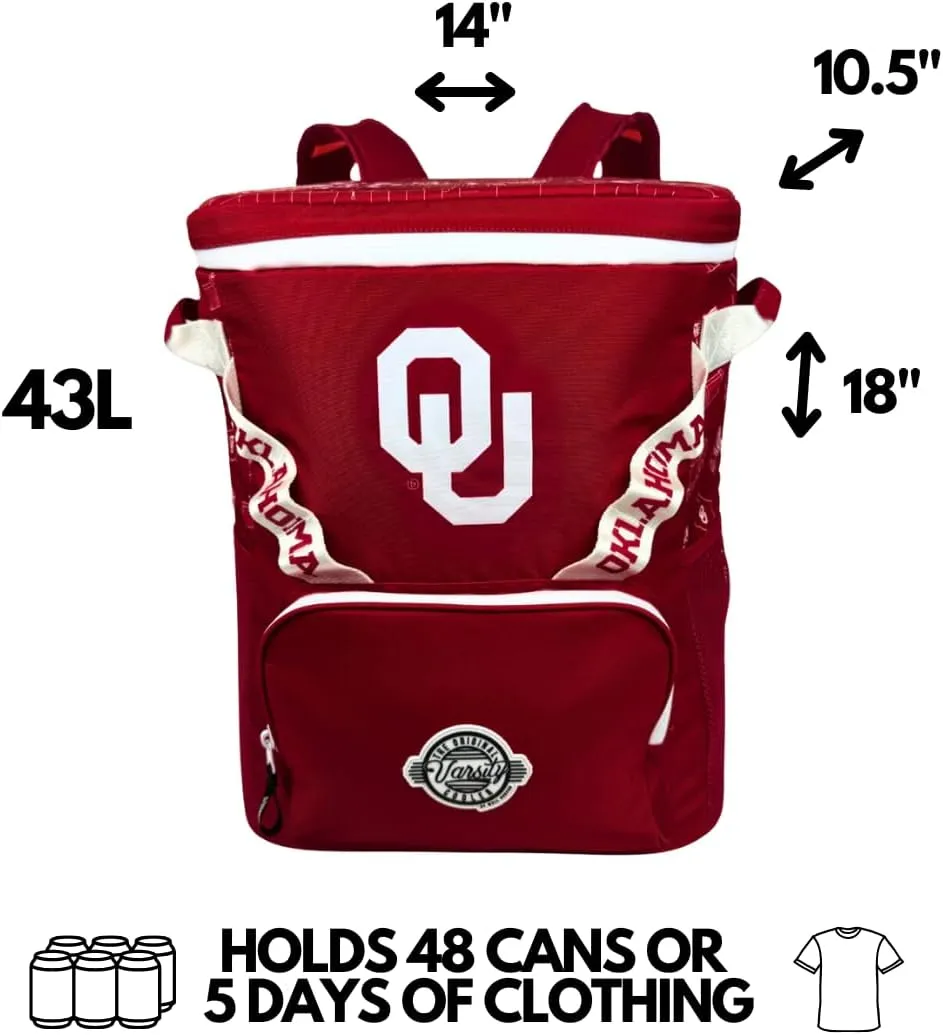 Varsity Cooler University of Oklahoma Travel Duffle & Backpack–48 Can Leakproof Insulated Tote Cooler, Waterproof Nylon Bag for Outing, Gym, Work & Travel – Adjustable Straps, Durable Zipper Closure