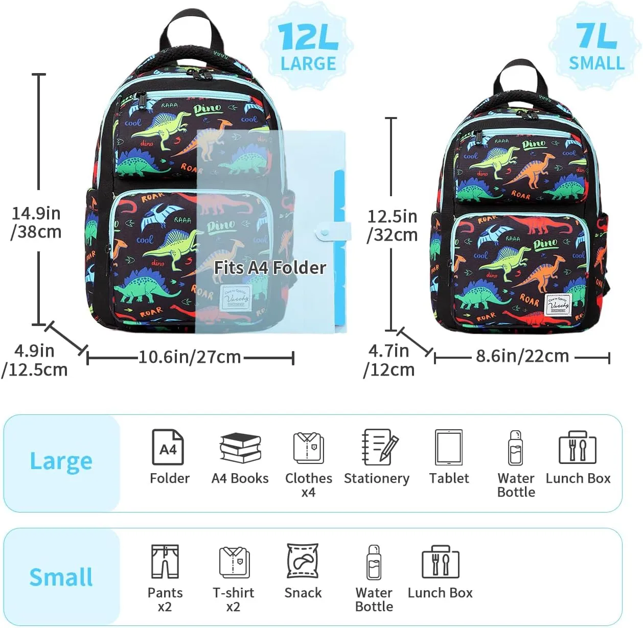 VASCHY Backpack for Boys, Kids Cute Kindergarten Preschool Children 12L Small Backpack Bookbag for School Travel Dinosaur Black