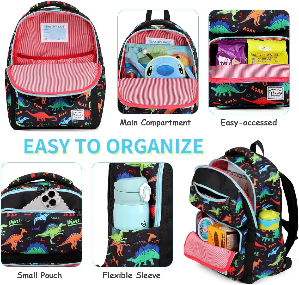 VASCHY Backpack for Boys, Kids Cute Kindergarten Preschool Children 12L Small Backpack Bookbag for School Travel Dinosaur Black